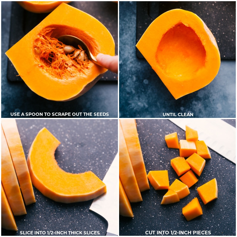 Roasted Butternut Squash is simply the best! With beautifully caramelized exteriors and tender sweet interiors, you'll be hooked after one bite! This post shares how to find the perfect squash, how to prepare it three different ways, and how to store/reheat it later! Recipe via ChelseasMessyApron #dinner #quick #easy #simple #side #best #thanksgiving #seasoned #clean #cleaneating #fresh #whole #roasted #butternut #squash Process shots-- images of the seeds being scraped out of the squash and being chopped up