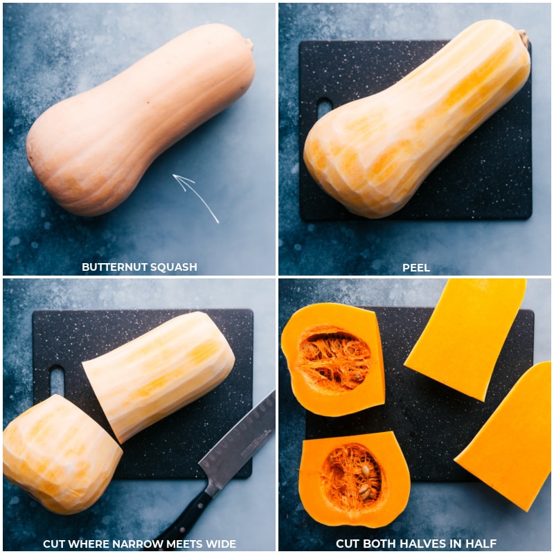 Roasted Butternut Squash is simply the best! With beautifully caramelized exteriors and tender sweet interiors, you'll be hooked after one bite! This post shares how to find the perfect squash, how to prepare it three different ways, and how to store/reheat it later! Recipe via ChelseasMessyApron #dinner #quick #easy #simple #side #best #thanksgiving #seasoned #clean #cleaneating #fresh #whole #roasted #butternut #squash Process shots-- images of the butternut squash being peeled and cut