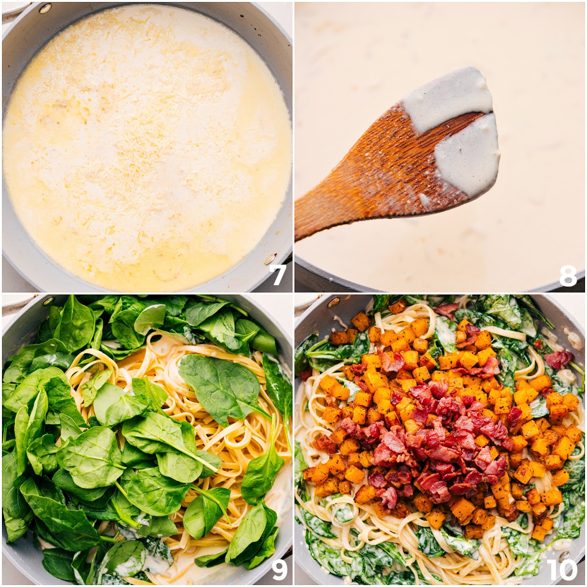 Making The Cream Sauce And Combining Everything For Butternut Squash Pasta Make the creamy sauce and toss in the fettuccine, lettuce, squash, and bacon for this butternut squash pasta.