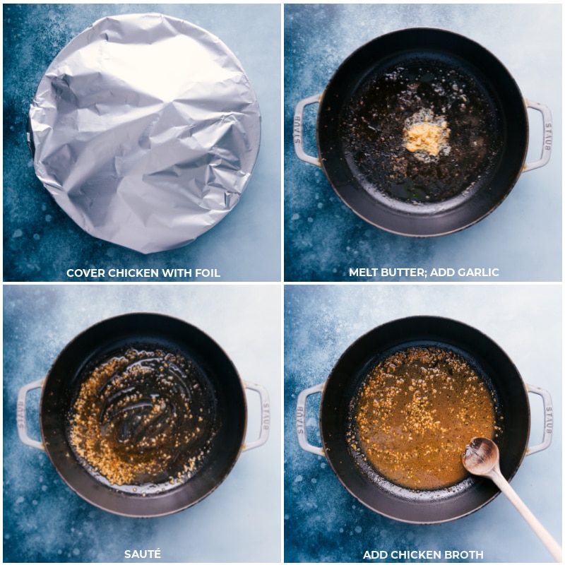 Chicken And Broccoli Pasta combines saucy pasta shells with tender broccoli and seasoned chicken in the quickest garlic-butter Alfredo sauce. Recipe via ChelseasMessyApron #dinner #quick #easy #simple #best #chicken #broccoli #pasta Process shots-- images of the chicken being covered with foil, then butter and garlic being added and sautéed, then chicken broth being added in