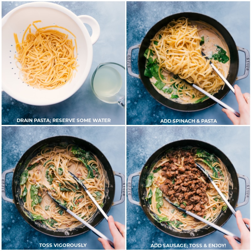 Creamy Sausage Pasta starts with thick, saucy fettuccine tossed with crumbled Italian sausage, succulent sun-dried tomatoes, and tender spinach. Recipe via ChelseasMessyApron #dinner #quick #easy #simple #best #spinach #fettuccine #creamy #sausage #pasta Process shots-- drain the pasta, reserving some water; add spinach and pasta to the pan; toss well; add sausage and toss again.