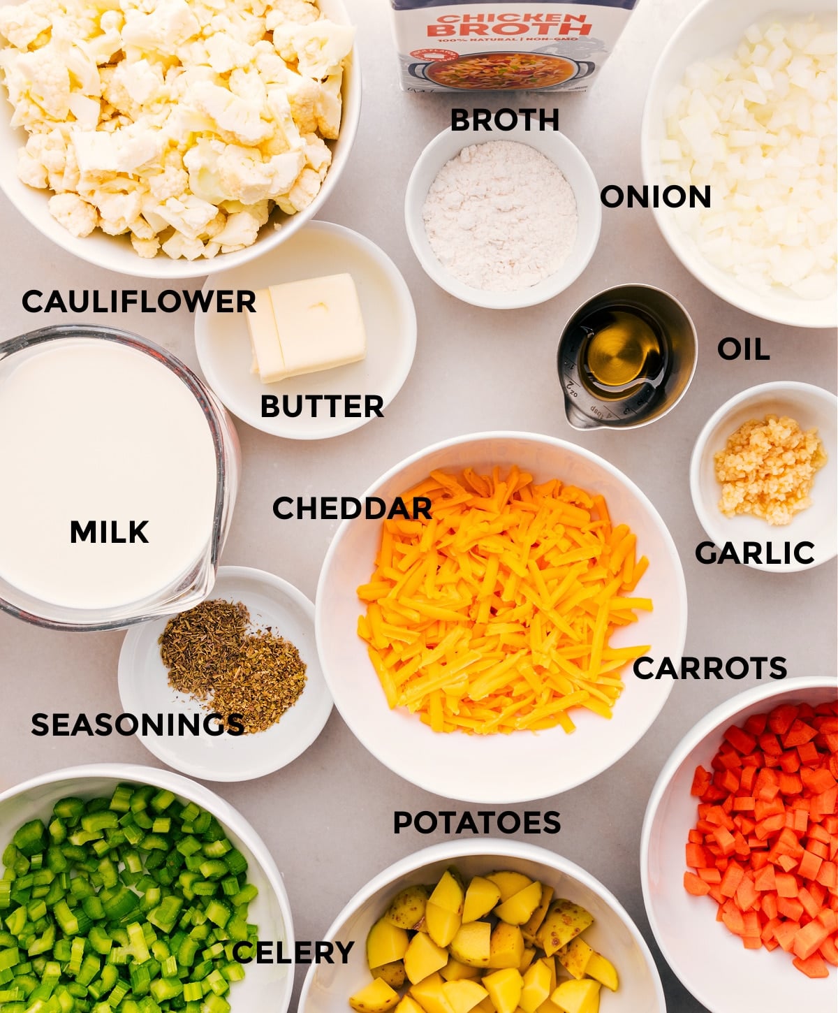 Ingredients In Cauliflower Soup This recipe includes prepped ingredients like cheddar, veggies, broth, butter, milk, and seasonings for easy assembly.