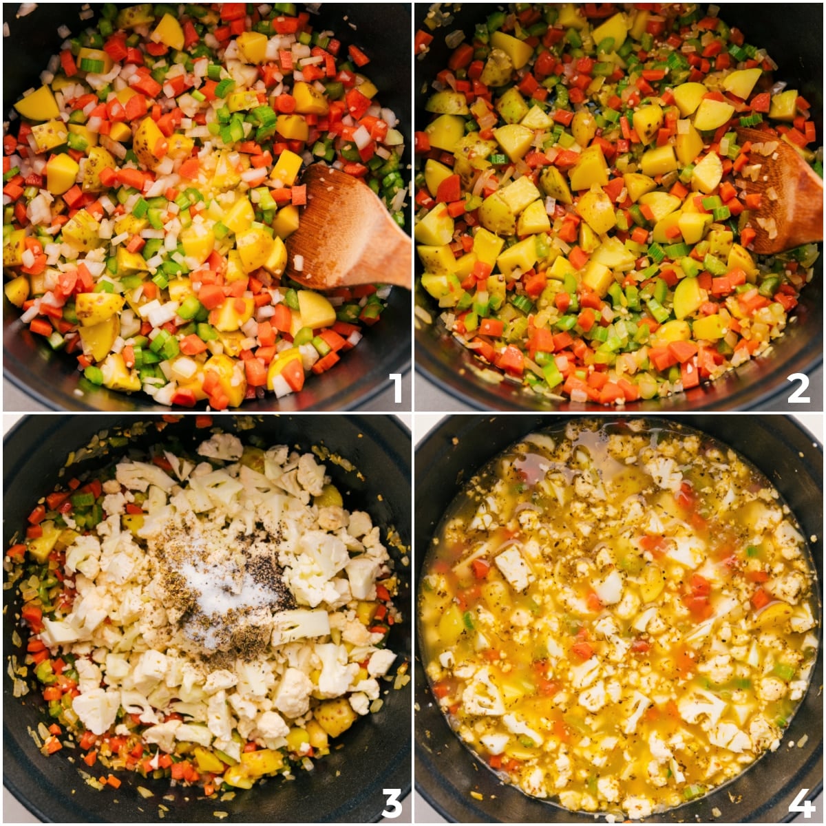 How To Make Cauliflower Soup All the veggies sautรฉ in one pot with seasonings and broth for this cauliflower soup.