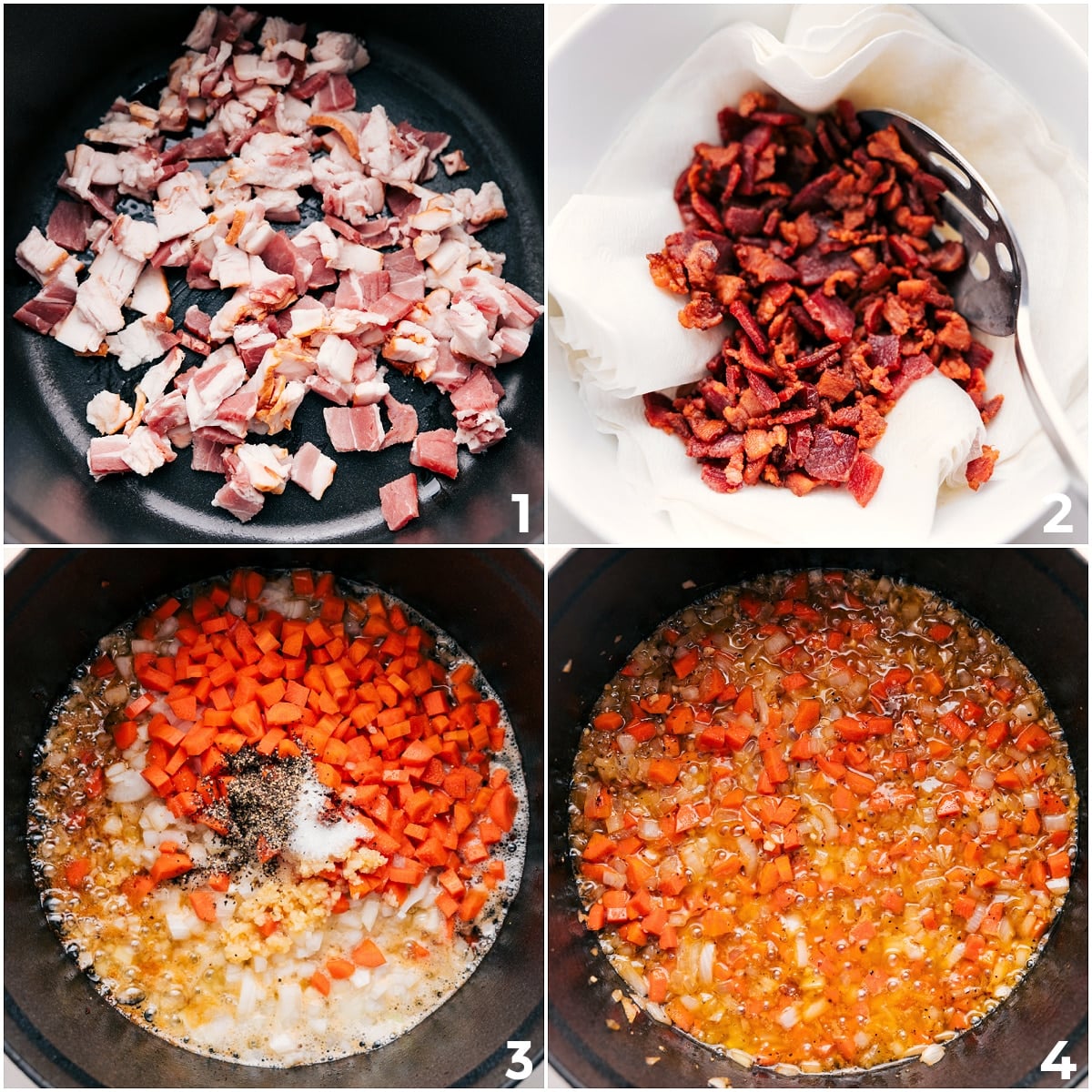 Cooking Bacon And Sautรฉing Veggies For Corn Chowder Brown the bacon in the pot, then sautรฉ the veggies and seasonings.