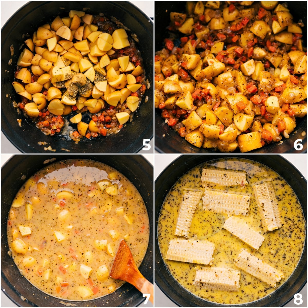 How To Make Corn Chowder Add the potatoes and seasonings along with the broth, then mix in the corn to cook for the corn chowder.