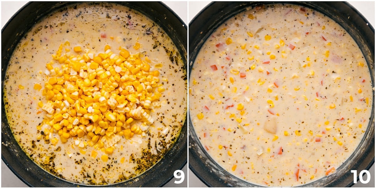 Adding Fresh Corn Off The Cob To The Corn Chowder Add the fresh corn to the corn chowder and mix it together.
