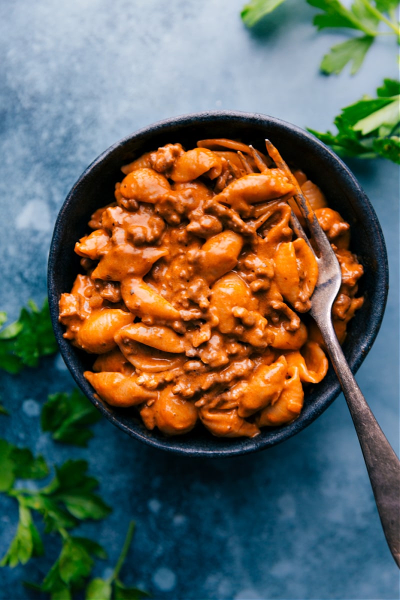 Overhead image of Creamy Beef and Shells in a bowl