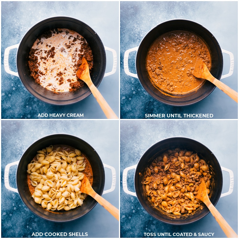 Creamy Beef and Shells is an upgrade from your childhood favorite Hamburger Helper meal -- with so much more flavor and you'll know exactly what's in it (no strange additives!). This simple, family-friendly meal can be ready in 30 minutes or less and is pure comfort food! We combine rich, creamy, saucy pasta shells with perfectly seasoned ground beef and loads of melty cheese. Recipe via ChelseasMessyApron #dinner #quick #easy #simple #best #comfortfood #kidfriendly #hamburgerhelper #groundbeef #creamy #beef #shells Process shots-- Adding heavy cream and cooked shells to the sauce