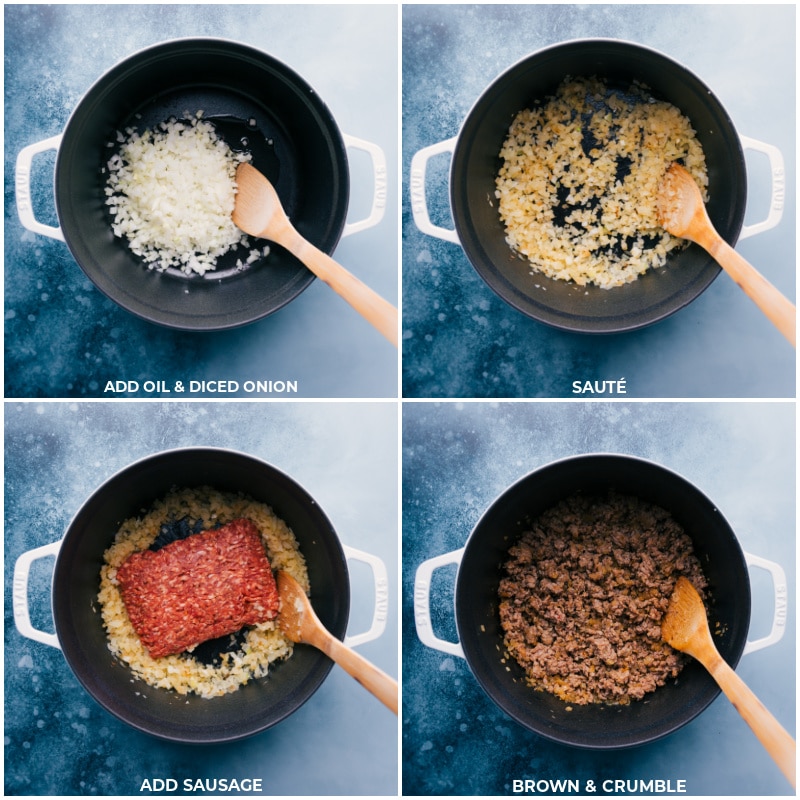 Creamy Sausage And Mushroom Rigatoni is a restaurant-quality meal that is easy to make and is prepared with everyday ingredients. This is comfort food at its finest -- rigatoni pasta tossed in a creamy Italian-seasoned sausage and mushrooms sauce. Recipe via ChelseasMessyApron #dinner #quick #easy #simple #best #comfortfood #kidfriendly #creamy #sausage #mushroom #rigatoni Process shots-- browning the onion in oil; adding in the sausage and continuing to brown.