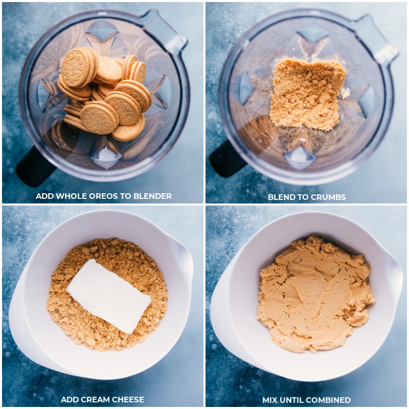 Golden Oreo Truffles are one of the easiest treats to make! Dip them in melted chocolate and decorate them however you'd like -- these pop-able treats can be made ahead of time and keep nice in the fridge for several days. Recipe via chelseasmessyapron #dessert #best #quick #easy #simple #treat #goldenoreo #truffles Process shots-- images of the Oreos being blended and then cream cheese being added and it all being mixed together