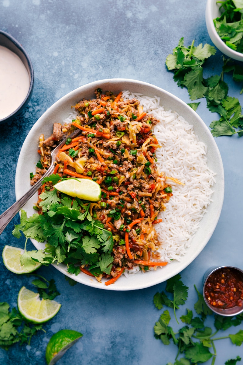These Ground Turkey Bowls are an explosion of flavor and texture! The sweet and spicy veggie and ground turkey blend is perfect over a bed of steamed rice. And if you're feeling extra, whip together the best spicy mayo sauce for the perfect finishing touch! Recipe via ChelseasMessyApron #dinner #quick #easy #simple #best #fresh #familyfriendly #kidfriendly #groundturkey #bowls Overhead image of the Ground Turkey Bowls