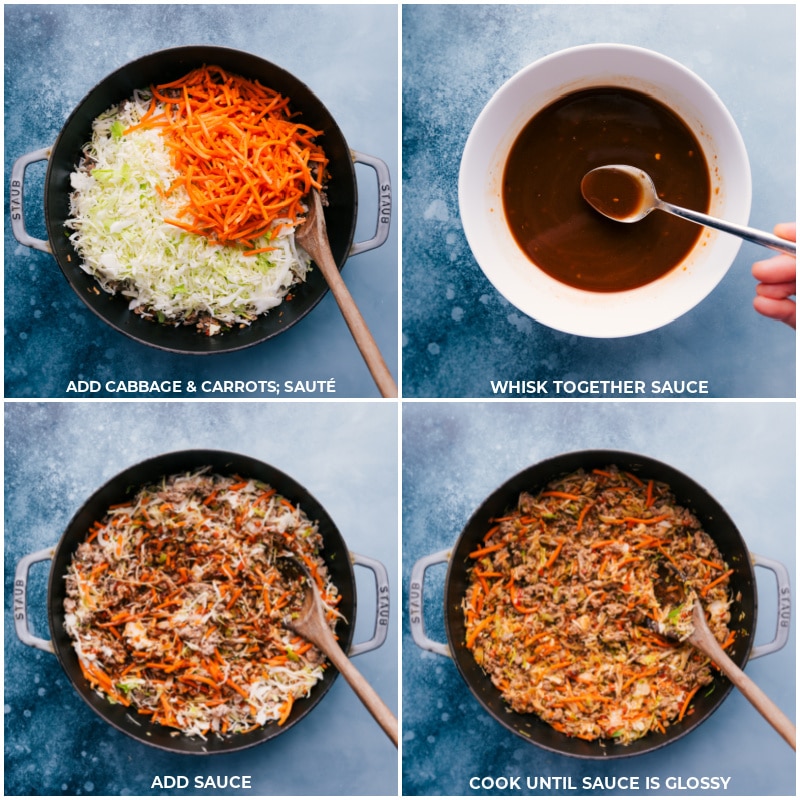These Ground Turkey Bowls are an explosion of flavor and texture! The sweet and spicy veggie and ground turkey blend is perfect over a bed of steamed rice. And if you're feeling extra, whip together the best spicy mayo sauce for the perfect finishing touch! Recipe via ChelseasMessyApron #dinner #quick #easy #simple #best #fresh #familyfriendly #kidfriendly #groundturkey #bowls Process shots of Ground Turkey Bowls-- images of the cabbage and carrots being added and cooked; the sauce being whisked together; everything being cooked together