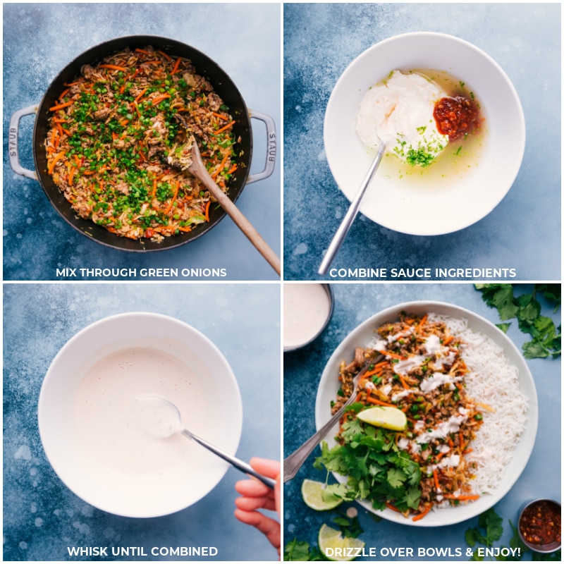 These Ground Turkey Bowls are an explosion of flavor and texture! The sweet and spicy veggie and ground turkey blend is perfect over a bed of steamed rice. Recipe via ChelseasMessyApron #dinner #quick #easy #simple #best #fresh #familyfriendly #kidfriendly #groundturkey #bowls Process shots: the sauce being whisked together; then drizzled over the bowl