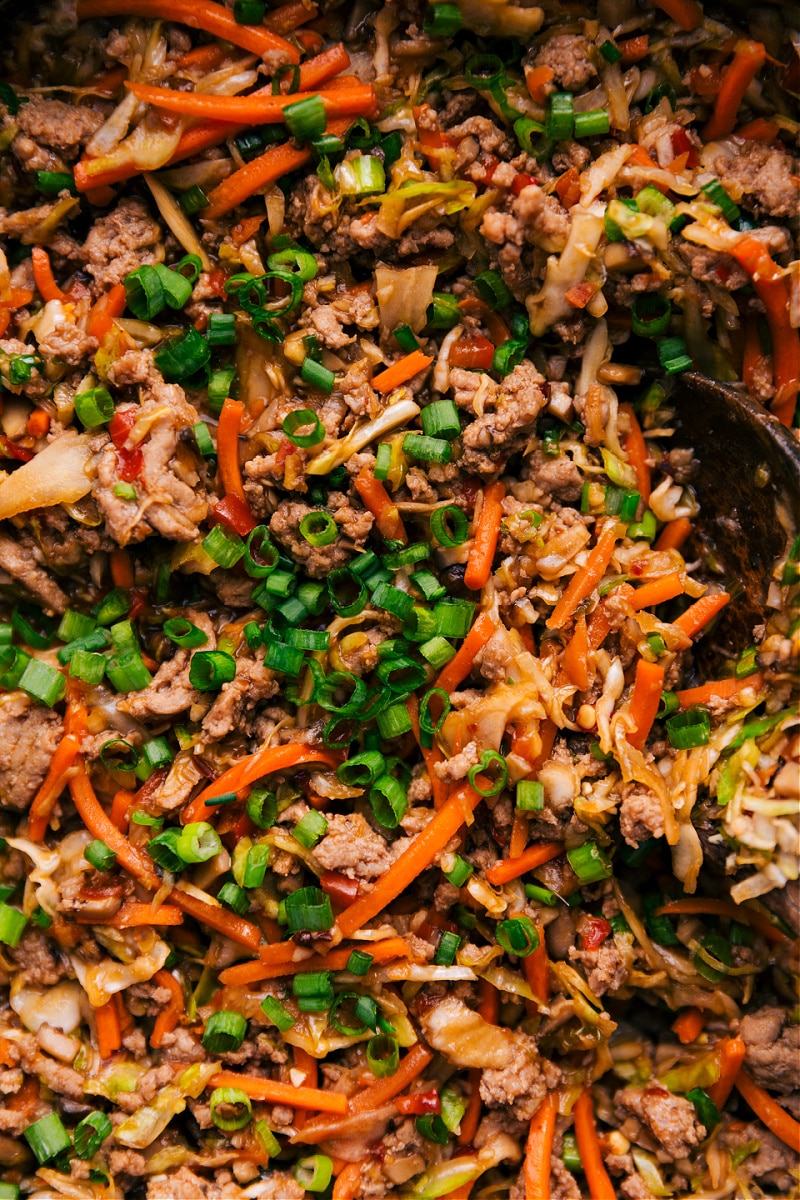 Ground Turkey Bowls are an explosion of flavor and texture! The sweet and spicy veggie and ground turkey blend is perfect over a bed of steamed rice. And if you're feeling extra, whip together the best spicy mayo sauce for the perfect finishing touch! Recipe via ChelseasMessyApron #dinner #quick #easy #simple #best #fresh #familyfriendly #kidfriendly #groundturkey #bowls Up-close overhead image of Ground Turkey Bowls ready to be enjoyed