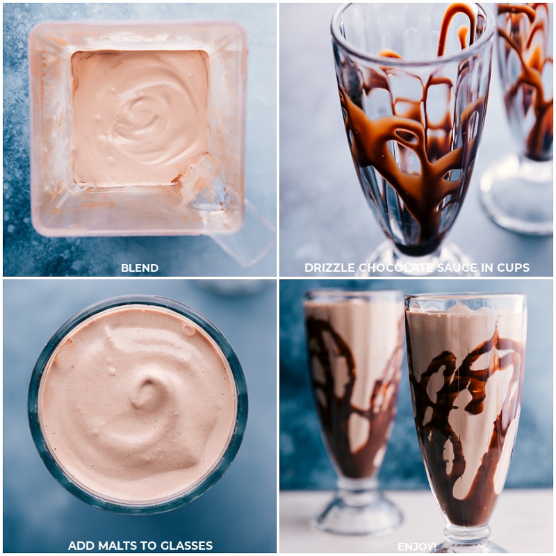 The best ever Malted Milkshake makes for the most delicious dessert and it couldn't be much easier to make! Throw a few ingredients into a blender, let it whirl, and enjoy a malt good enough to rival even the best old-fashioned diner! Recipe via ChelseasMessyApron #dessert #best #quick #easy #simple #chocolate #frosty #malted #milkshake Process shots-- all the ingredients being blended together and being poured into a chocolate-drizzled cup