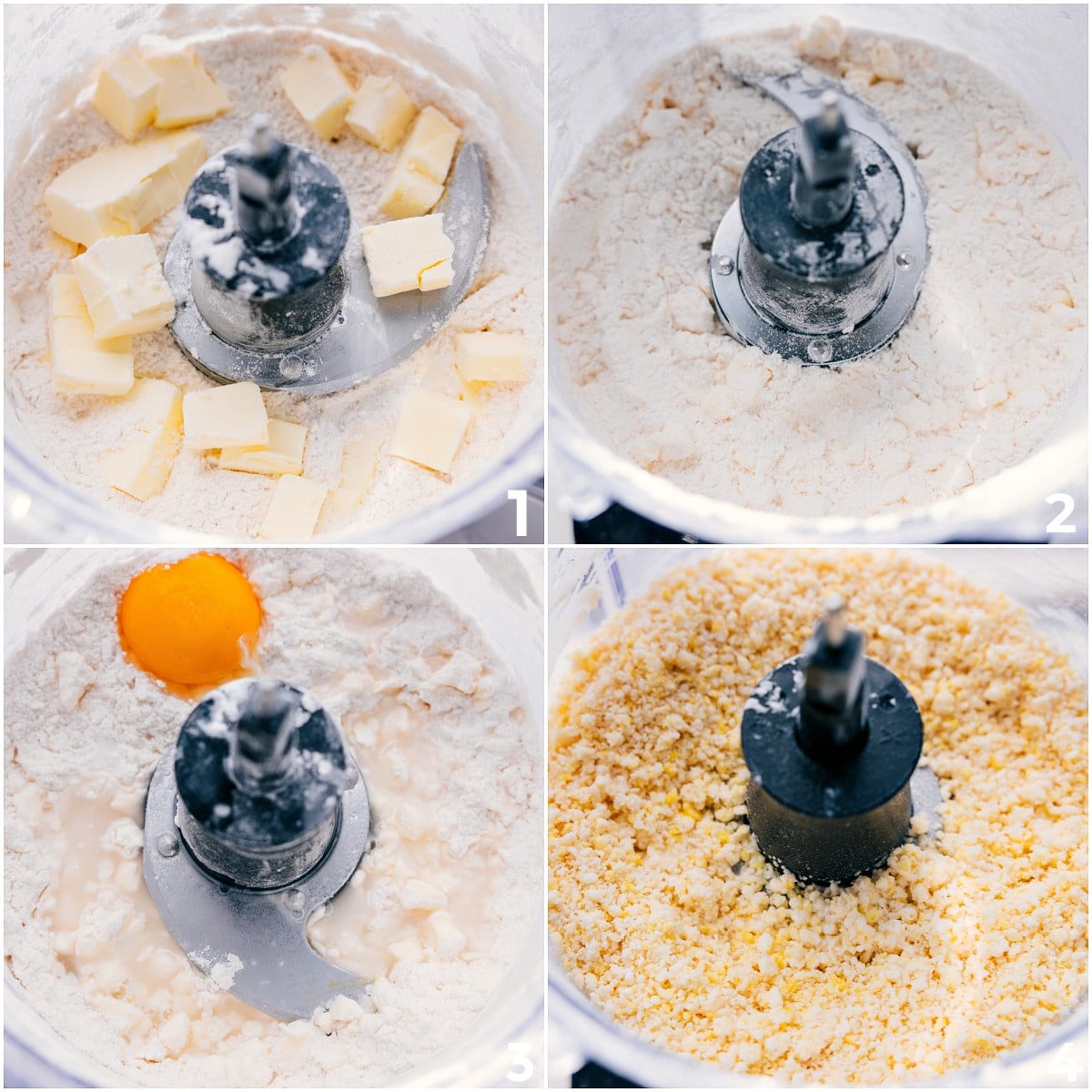 How To Make The Perfect Pie Crust Pie crust dough being made by blending flour and butter, then adding egg yolk and powdered sugar, followed by water to form a thick dough.