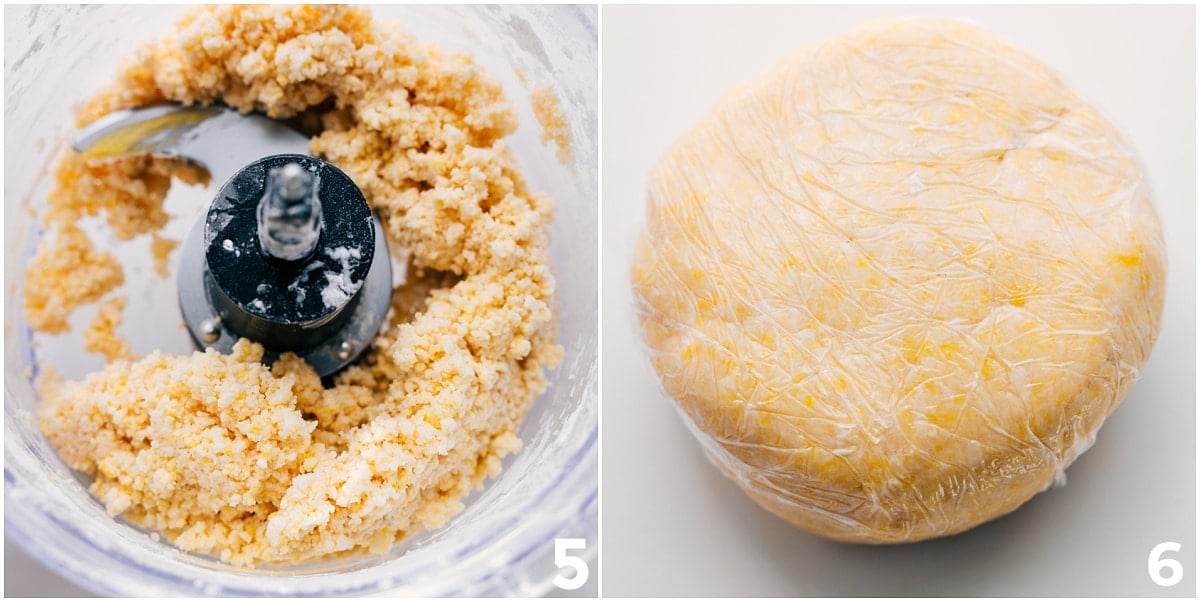 Simple And Fool-Proof Pie Crust Recipe Thick pie dough rolled out from the food processor onto plastic wrap, ready to chill before pressing into the pie pan.