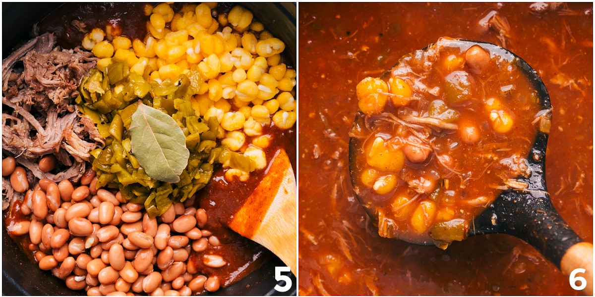 Simple And Comforting Pozole Recipe Being Made The hominy, peppers, bay leaf, beef, and beans added to the soup and it all being cooked together.