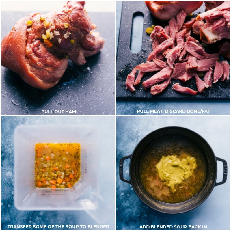 Split Pea Soup is richly flavored, thick, and creamy-- and loaded with veggies, split peas, and tender shredded ham. This humble-looking soup is anything but humble tasting! Recipe via ChelseasMessyApron #dinner #quick #easy #simple #best #comfortfood #familyfriendly #splitpea #soup Process shots-- removing the ham; shredding the meat; blending some of the soup; adding that blended soup back to the pot.