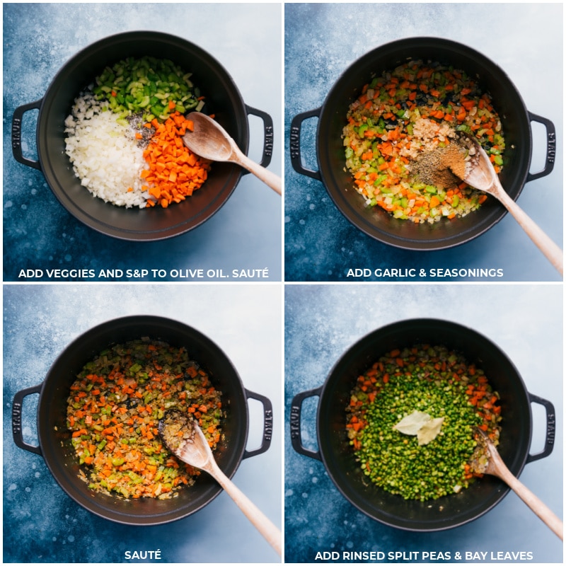 This Vegetarian Split Pea Soup Recipe is robustly seasoned and richly flavored! With loads of veggies and tender creamy split green peas, this soup is the perfect canvas for dipping in a hunk of crusty bread. Recipe via ChelseasMessyApron.com #dinner #quick #easy #simple #best #soup #clean #cleaneating #fresh #comfortfood #kidfriendly #vegetarian #splitpea #soup Process shots-- images of the veggies being sautรฉed and the split peas and bay leaves being added