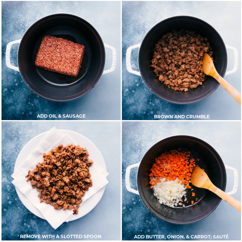 White Bean and Sausage Soup is a flavor-packed creamy soup filled with veggies, seasoned Italian sausage, and tender white beans. Recipe via ChelseasMessyApron #dinner #quick #easy #simple #spinach #carrots #bread #comfortfood #kidfriendly #familyfriendly #whitebean #soup Process shots-- images of the oil and sausage being added, and the sausage being browned, then butter, onion, and carrots being added