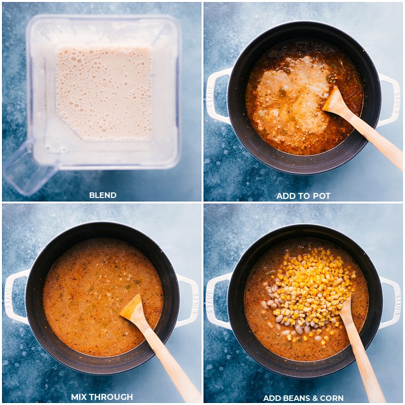 White Turkey Chili is thick, hearty, and filled with good-for-you ingredients like lean ground turkey, and tender white beans.. Recipe via ChelseasMessyApron.com #chili #whitechili #groundturkey #healthier #greenchiles #cozy #comfortfood Process shots: Blend the beans with stock; add to the pot and continue to stir; add in beans and corn.