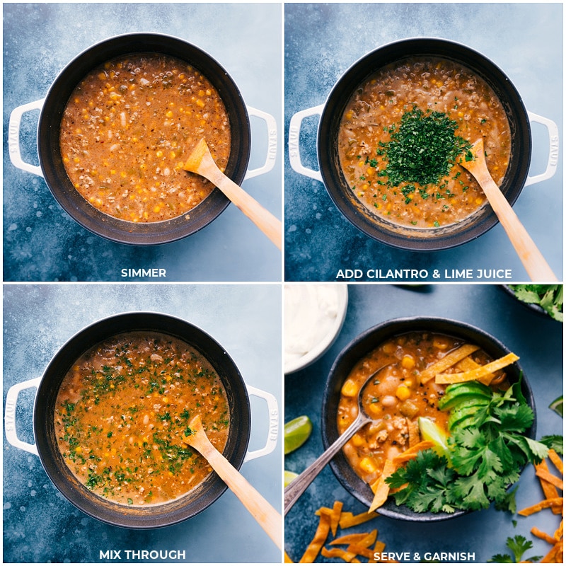 Healthy White Turkey Chili is thick, hearty, and filled with good-for-you ingredients like lean ground turkey, tender white beans, crisp corn, and fire-roasted green chiles. Recipe via ChelseasMessyApron.com #chili #whitechili #groundturkey #healthier #greenchiles #cozy #comfortfood Simmer the white turkey chili; add cilantro and lime juice; mix well and serve with toppings.