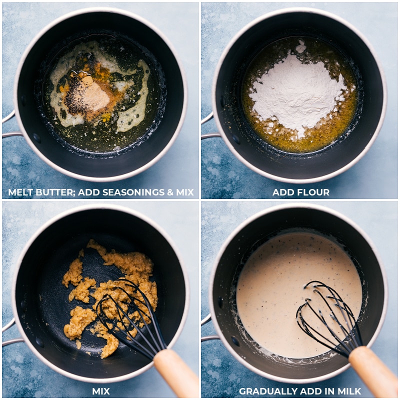 Baked Mac and Cheese: It's ridiculously creamy, cheesy, and rich with the perfect blend of cheeses and the ultimate crispy topping! Plus, it's not a recipe you need to slave over all day -- we've made it as simple as possible! Recipe via ChelseasMessyApron #dinner #quick #easy #simple #comfortfood #familyfriendly #creamy #kidfriendly #baked #macandcheese Process shots of Baked Mac and Cheese-- the butter, seasonings, flour, and milk being added and all being mixed together