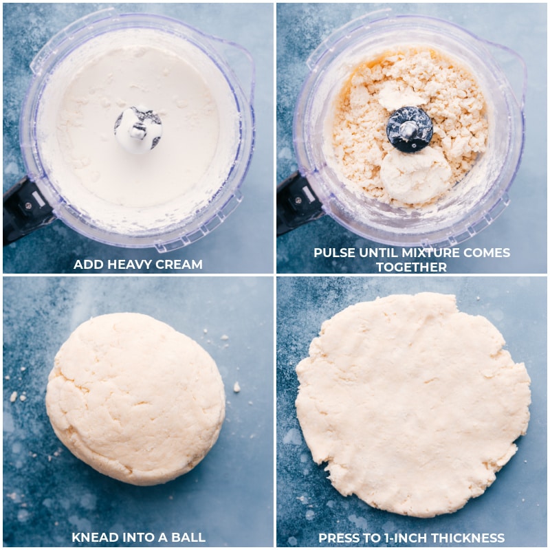 This show-stopping Biscuit Recipe is ridiculously simple to make and requires only 5 ingredients -- most of which are pantry staples! Recipe via ChelseasMessyApron.com #biscuits #carbs #easy #bread #delicious Process shots: Add heavy cream to the food processor; pulse briefly to combine ingredients; knead into a ball; press to a 1-inch thickness.