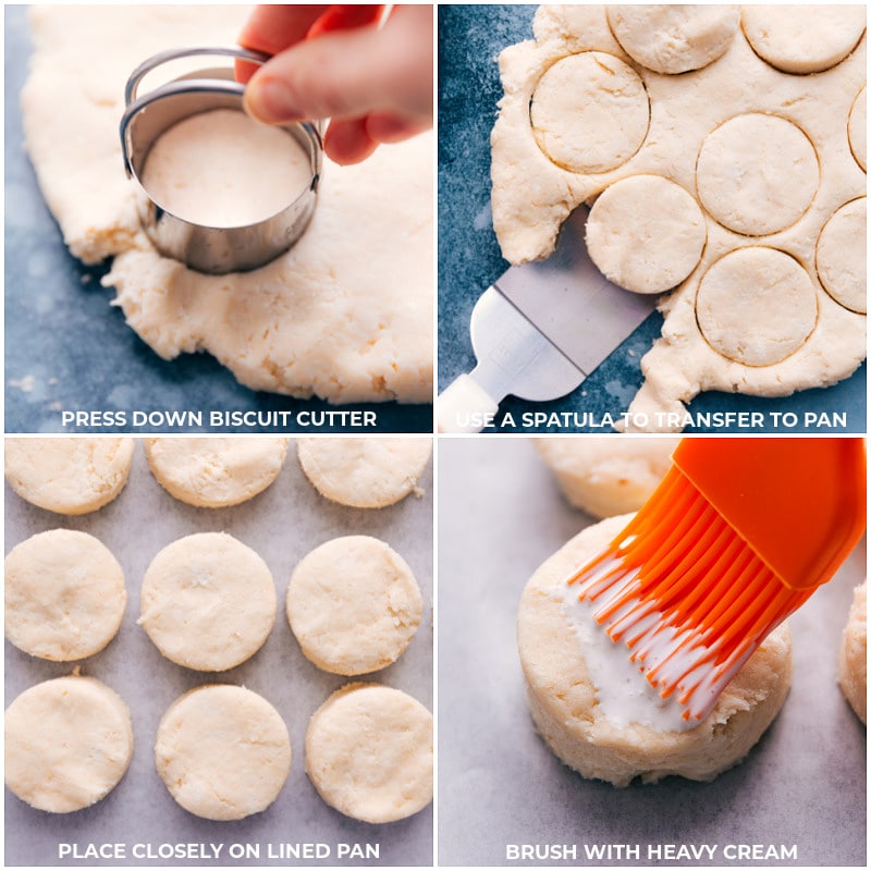 Biscuit Recipe is ridiculously simple to make and requires only 5 ingredients -- most of which are pantry staples! Whip up a batch of these buttery biscuits to serve alongside a hearty dinner or enjoy them with butter, jam, and whipped cream for a sweet treat! Recipe via ChelseasMessyApron.com #biscuits #carbs #easy #bread #delicious Process shots: Cut biscuits; transfer to the pan; brush with cream.
