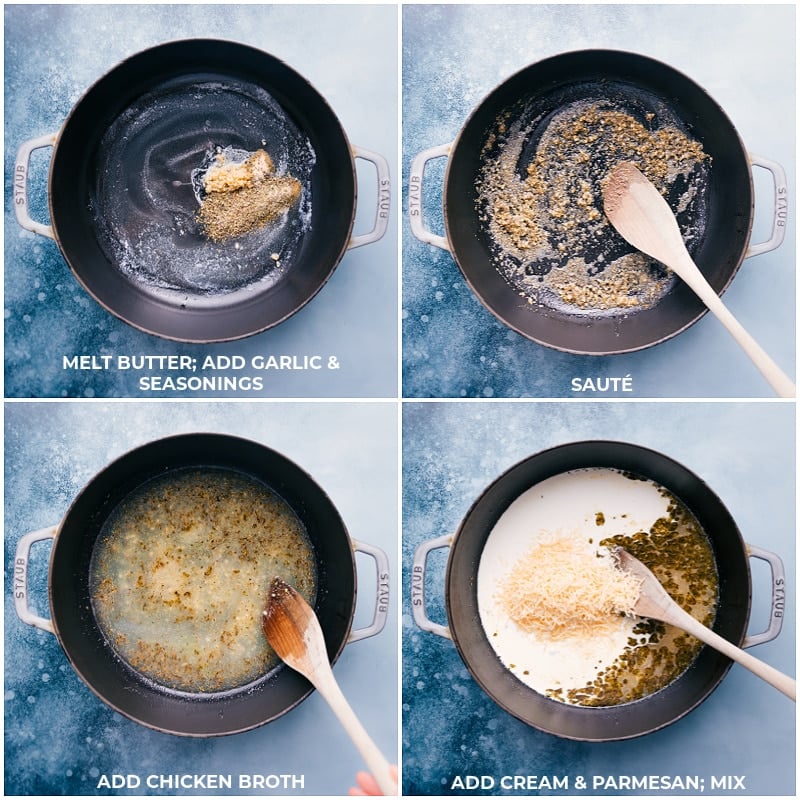 Broccoli Pasta is ridiculously flavorful! Put dinner on the table in 20 minutes or less with a meal the whole family will go crazy for! Recipe via ChelseasMessyApron.com #broccoli #pasta #cheesy #family #kidfriendly #quick #easy Process shots: Melt butter and add in seasonings; saute; add in chicken broth; stir in Parmesan and cream.