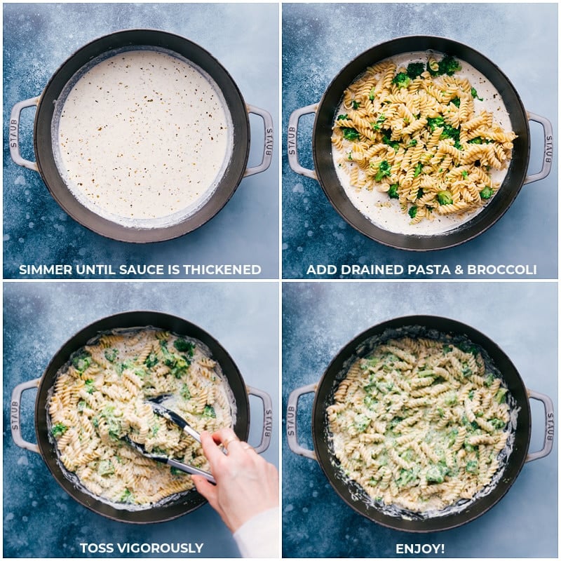 Yummy Broccoli Pasta is ridiculously flavorful and couldn't be easier or quicker to make! Recipe via ChelseasMessyApron.com #broccoli #pasta #cheesy #family #kidfriendly #quick #easy Process shots: simmer the sauce until thickened; add pasta and broccoli; toss vigorously; serve.