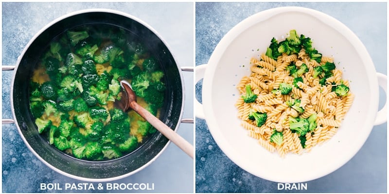 Broccoli Pasta is ridiculously flavorful and couldn't be easier or quicker to make! Put dinner on the table in 20 minutes or less! Recipe via ChelseasMessyApron.com #broccoli #pasta #cheesy #family #kidfriendly #quick #easy Process shots: boil pasta and broccoli; drain in a collander