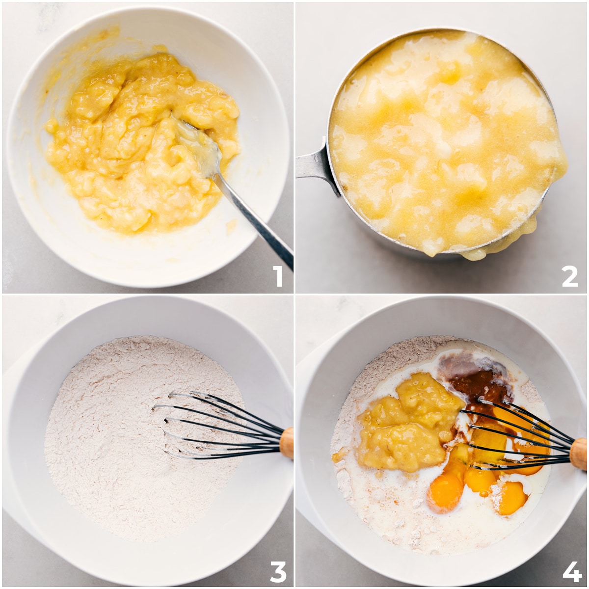 Best Banana Waffle Recipe Mashing the bananas and adding them in with all the other ingredients for this banana waffle recipe.