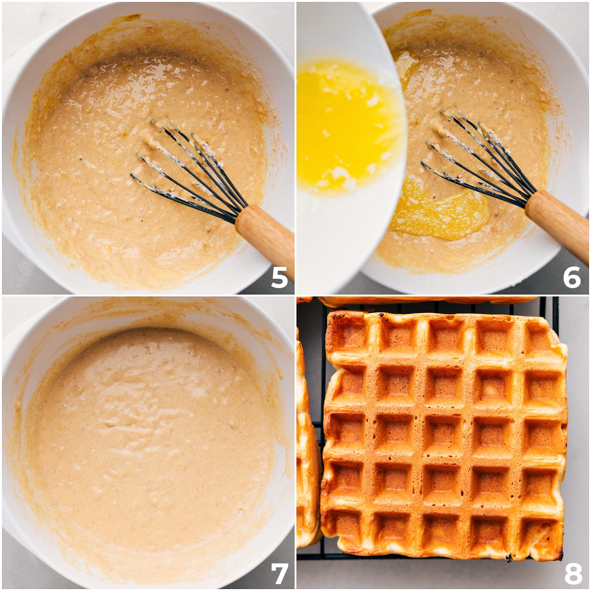 Cooking Banana Waffles The butter being whisked into the batter and it being cooked.