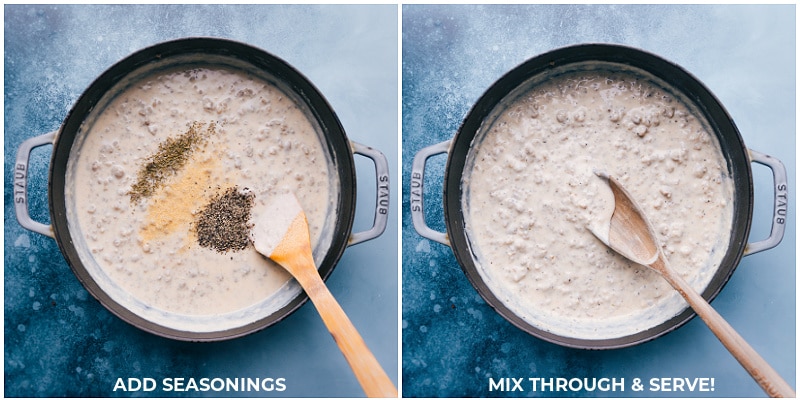 Biscuits and Gravy start with buttery, flaky, warm biscuits that we smother with mouthwatering creamy sausage gravy. Recipe via ChelseasMessyApron.com #biscuits #gravy #comfortfood #southern #sausage #breakfast #carbs Process shots: Add seasonings to the gravy; mix through and serve.