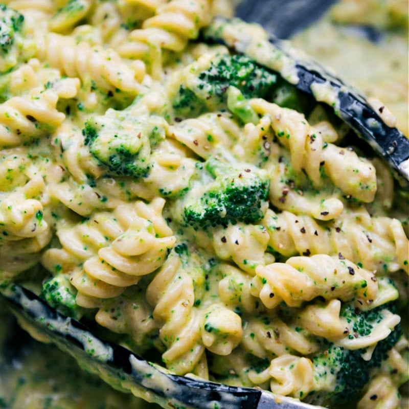 Broccoli Pasta is ridiculously flavorful and so easy! Put dinner on the table in 20 minutes or less with a meal the whole family will go crazy for! Recipe via ChelseasMessyApron.com #broccoli #pasta #cheesy #family #kidfriendly #quick #easy Close-up of Broccoli Pasta