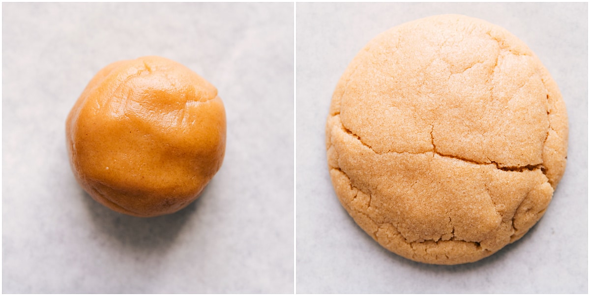 Baking Up These Chewy Peanut Butter Cookies The chewy peanut butter cookies dough being rolled into a ball and then baked.