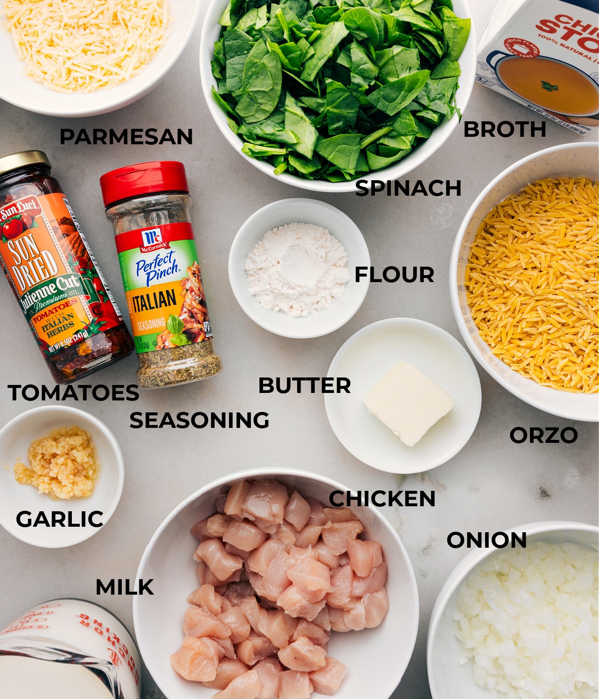Ingredients In Chicken Orzo Recipe All the ingredients in this recipe are prepped for easy assembly, including spinach, broth, veggies, pasta, meat, seasonings, cheese, and milk.