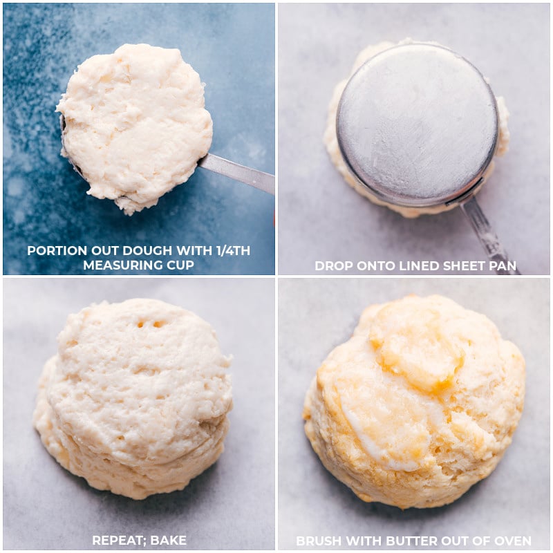 These are the easiest Drop Biscuits you'll ever make! Thanks to a "secret" in the preparation, you won't need any special baking tools or fancy equipment! These homemade biscuits are hot, buttery, flaky, and practically melt in your mouth right out of the oven! Recipe via ChelseasMessyApron #side #thanksgiving #bread #best #quick #easy #simple #drop #biscuits Process shots-- images of the dough being measured out and dropped on a sheet pan and baked