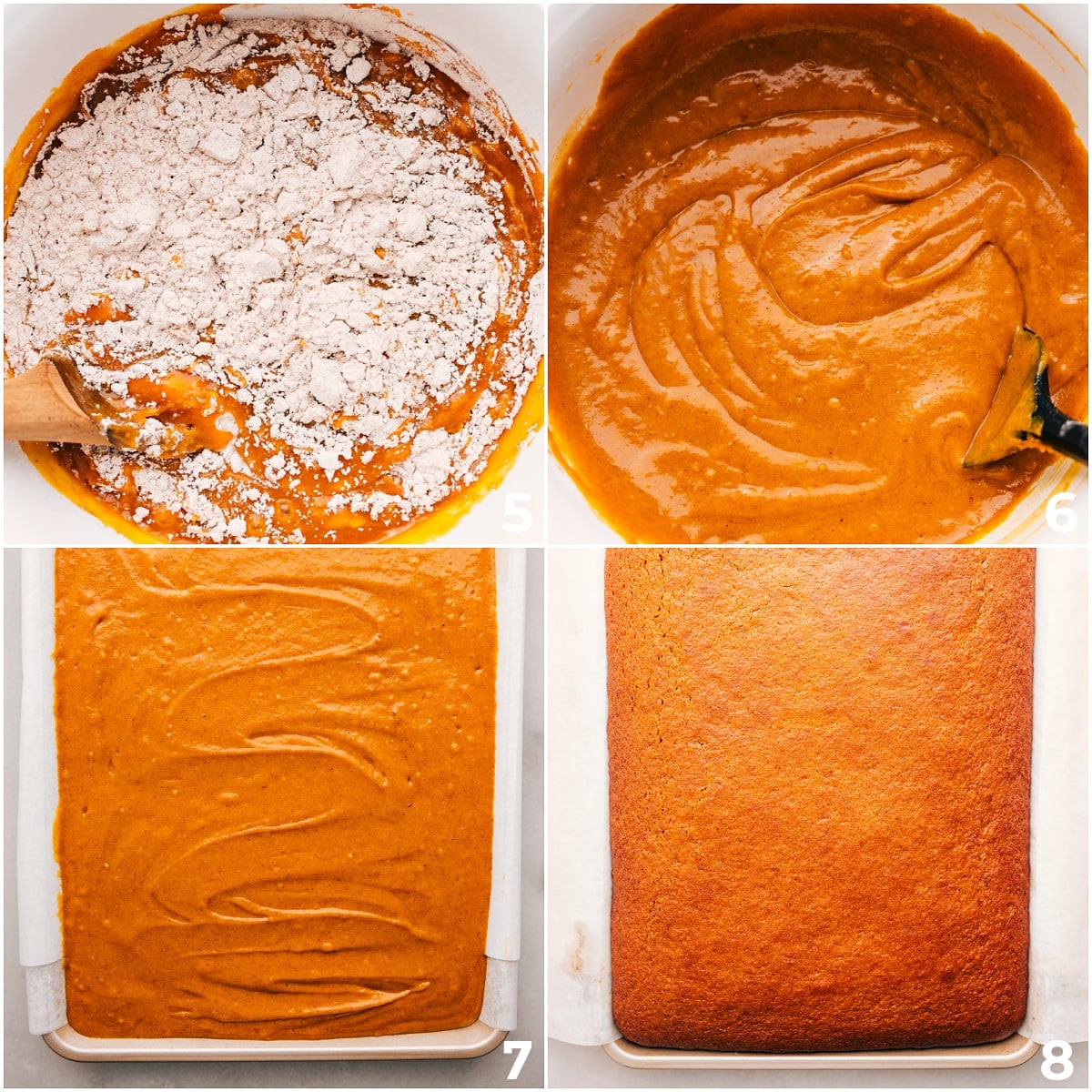 Baking Up Pumpkin Bars Recipe The wet and dry ingredients being mixed together and it being spread in a pan and baked.