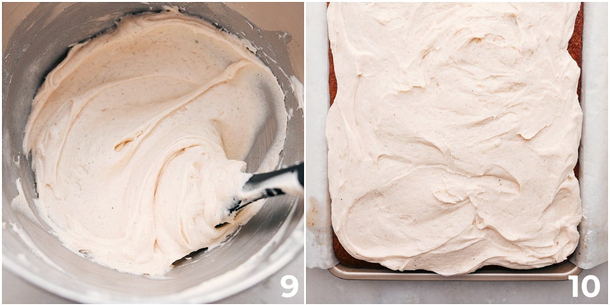 How To Make Cream Cheese Frosting The frosting being mixed together and spread on the recipe.