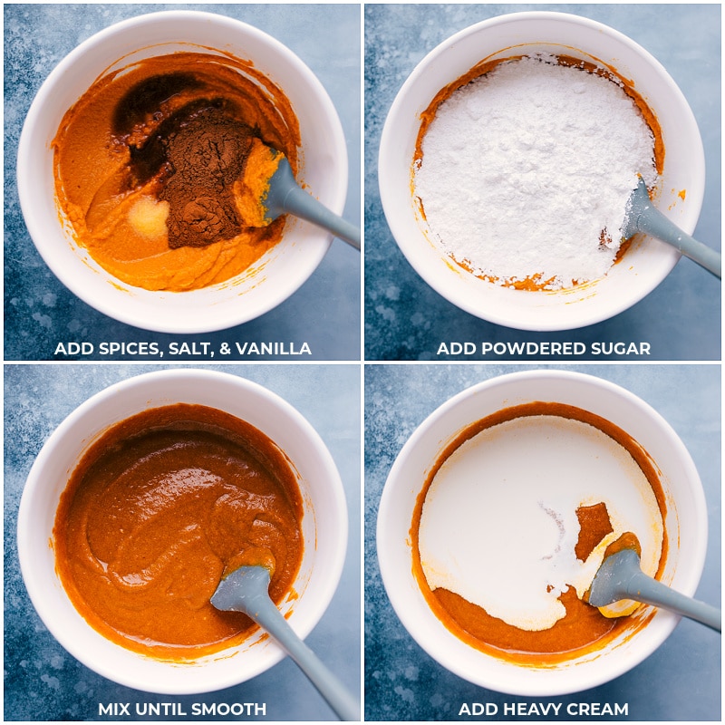 How To Make This Pumpkin Pie Recipe Mixing spices, salt, vanilla, powdered sugar, and cream in a bowl for Pumpkin Pie recipes filling.