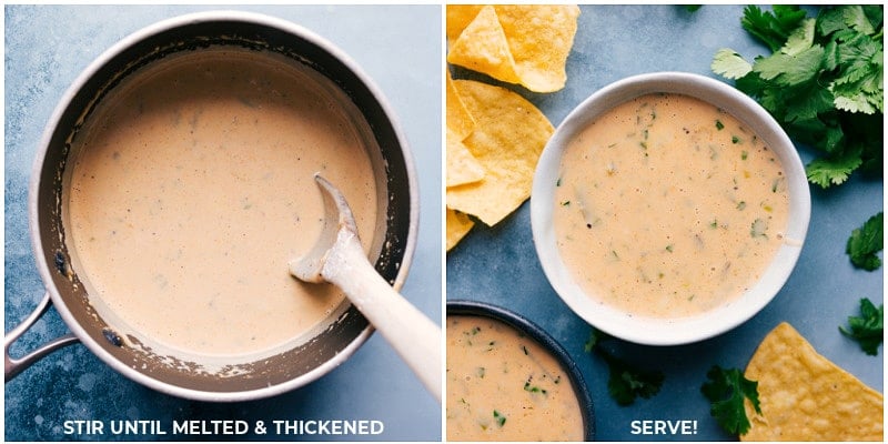 This Queso Dip is an ultra-creamy, ridiculously cheesy, and perfectly seasoned dip begging for some good salted tortilla chips! This recipe couldn't be much easier to make -- it whips together on the stovetop in minutes. Recipe via ChelseasMessyApron #side #best #quick #easy #simple #gameday #delicious #sidedish #chipsandqueso #queso #dip #recipe Overhead image of the dip ingredients being melted together and served