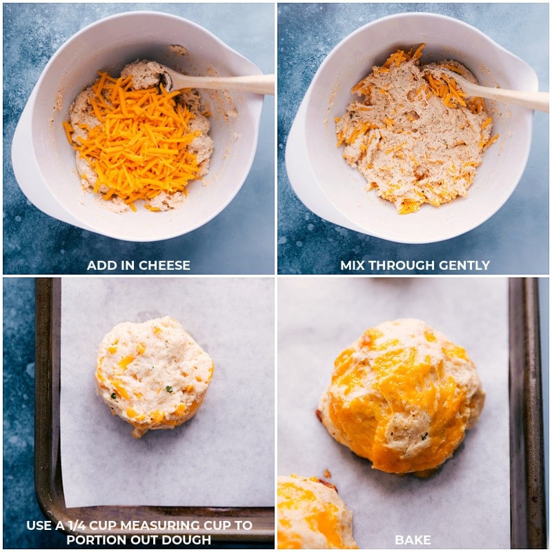 Red Lobster Biscuits! These biscuits are famous for good reason -- they're fluffy, cheesy, and slathered in the most delicious garlic butter. With this copycat recipe, you can have hot and cheesy biscuits ready in a flash, in the comfort of your own home! Recipe via ChelseasMessyApron.com #biscuits #cheesybiscuits #cheesy #redlobstercopycat #garlicbuttter Process shots of the red lobster biscuits: add cheese to the dough; mix gently; drop by 1/4-cups to the pan; bake