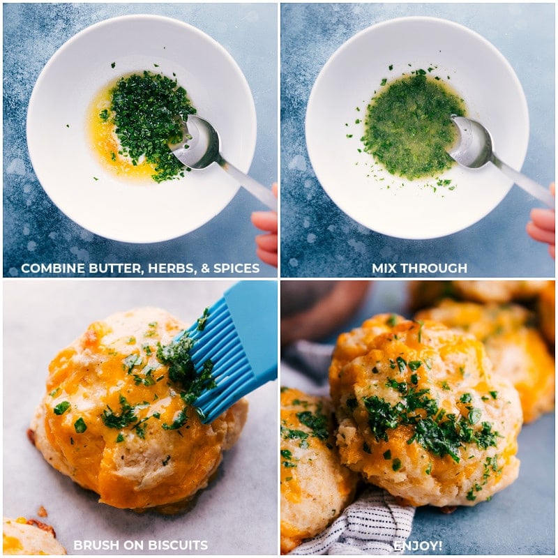 Red Lobster Biscuits are a copycat of the famous drop biscuits sold at Red Lobster restaurant! These biscuits are famous for good reason! With this copycat recipe, you can have hot and cheesy biscuits ready in a flash, in the comfort of your own home! Recipe via ChelseasMessyApron.com #biscuits #cheesybiscuits #cheesy #redlobstercopycat #garlicbuttter Process shots: combine butter, herbs and spices; mix well; brush on biscuits.