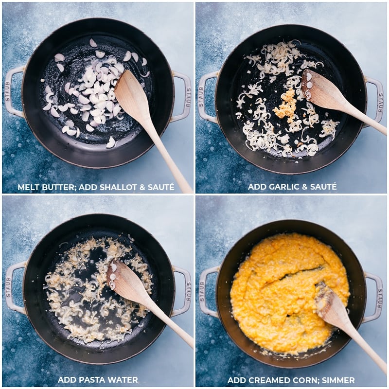 How To Make Vegetable Pasta Recipe The butter, shallots, garlic, pasta water, and creamed corn being added to the skillet and being sautรฉed for this vegetable pasta recipe.