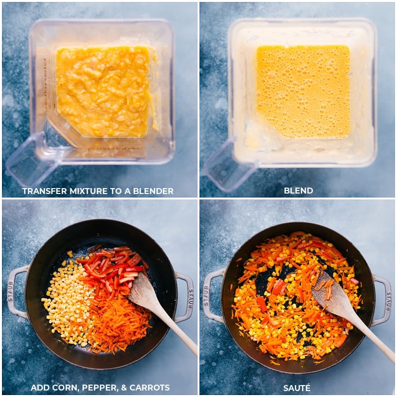 Blending The Veggie Sauce And Sautรฉing Additional Veggies Transferring the mixture to a blender and then sautรฉing corn, peppers, and carrots.