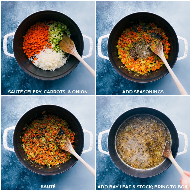 This is our favorite Vegetable-Noodle Soup prepared in ONE pot with an array of mixed veggies, orzo pasta, and a sprinkle of Parmesan cheese. Recipe via ChelseasMessyApron.com #soup #veggienoodlesoup #orzo #easy #hearty #Parmesan #soup #noodles Process shots: sautรฉ celery, carrots and onion; add seasonings and continue to cook; add bay leaf and stock; bring to a boil.