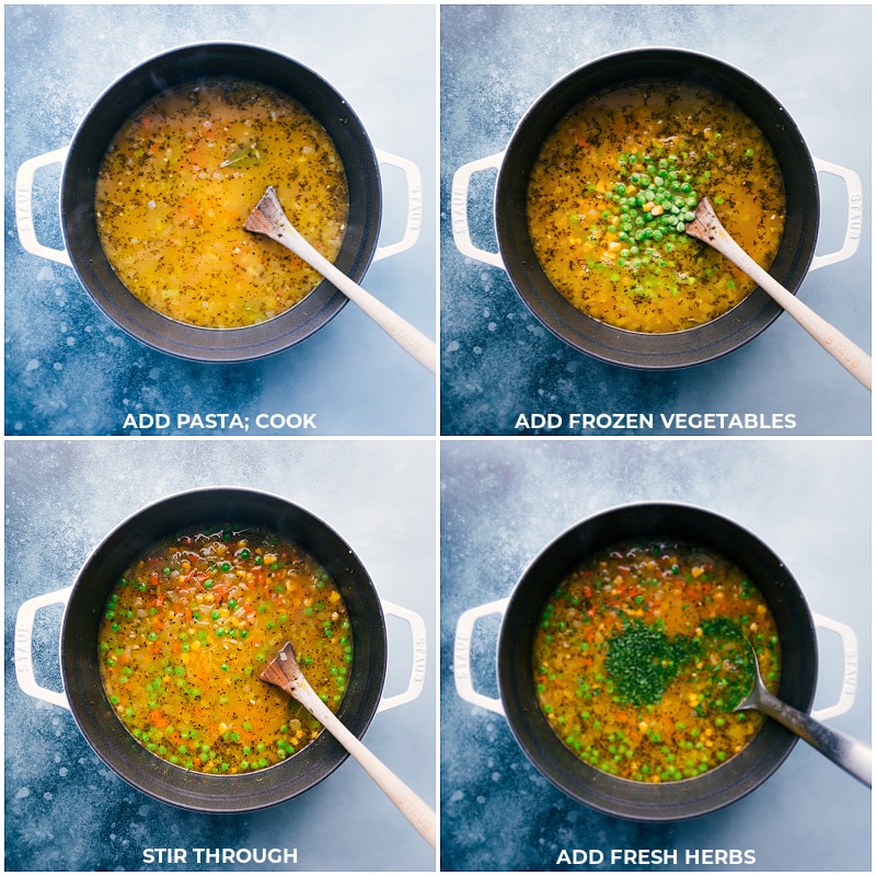 Vegetable-Noodle Soup prepared in ONE pot with an array of mixed veggies, orzo pasta, and a sprinkle of Parmesan cheese. Grab some crusty bread and let's get started! Recipe via ChelseasMessyApron.com #soup #veggienoodlesoup #orzo #easy #hearty #Parmesan #soup #noodles Process shots of the vegetable noodle soup: add pasta to the pan; add frozen vegetables; stir through; add fresh herbs